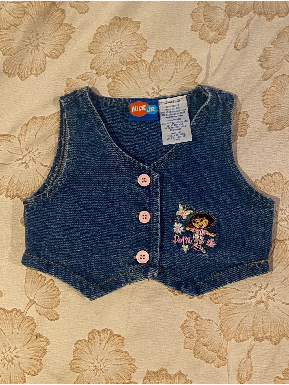 Nickelodeon Denim Blue Dora Embroidered Kids Vest with Pink Buttons